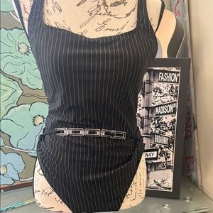 Black Pinstripe Bathing Suit with Belt